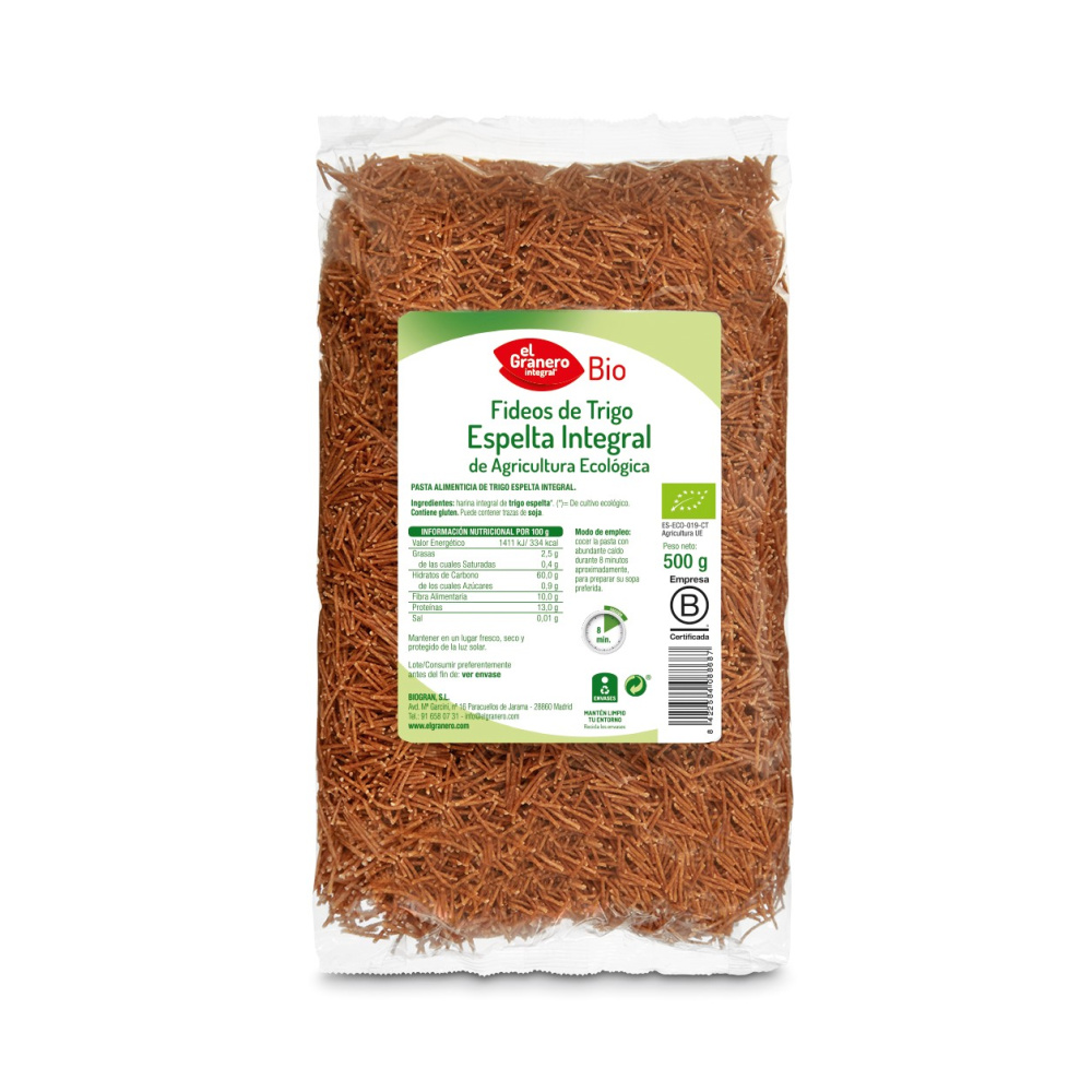 Granero Fideos De Espelta Integral Bio 500 G